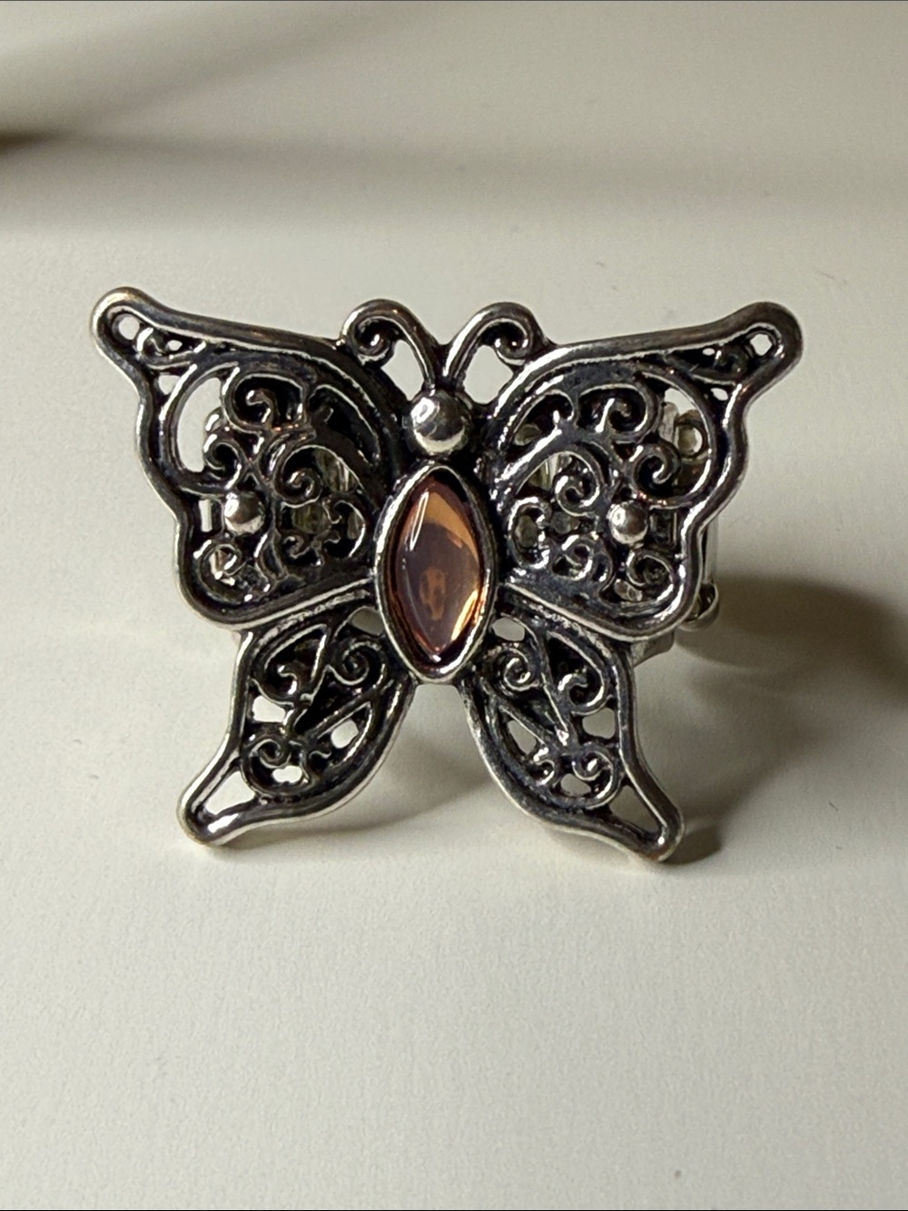 Vintage Silver tone Butterfly Ring with Amber color acrylic Accent adjustable